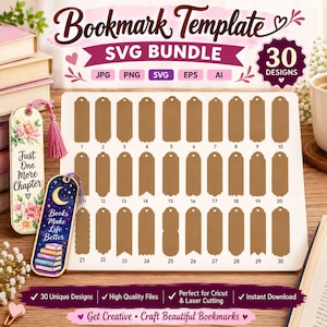 May include: A digital bookmark template SVG bundle featuring 30 distinct bookmark shapes in brown on a white display board. Includes two finished examples: one with floral art and text Just One More Chapter, and one with a night sky and book stack.