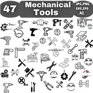 Puede incluir: Una colección digital de 47 iconos de herramientas mecánicas en blanco y negro, incluyendo taladros, llaves, martillos, sierras y engranajes. La imagen muestra el texto 47 Mechanical Tools y formatos JPG, PNG, SVG, EPS, AI en una franja gris.