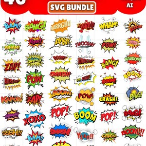 May include: A set of 46 comic book-style SVG graphics. The designs feature action words such as "BOOM," "POW," and "ZAP" in colourful speech bubbles. The top of the image has the text "COMIC SVG BUNDLE."