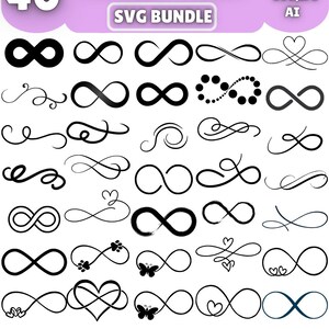 May include: A selection of 40 black infinity symbol designs, featuring classic loops, heart motifs, and decorative swirls. The image includes the text "INFINITY SIGN SVG BUNDLE" and file type information.