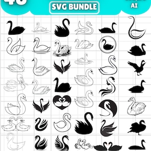 May include: A collection of 48 swan designs in black and white, including various poses and styles. The image includes the text "SWAN SVG BUNDLE" and file type information.