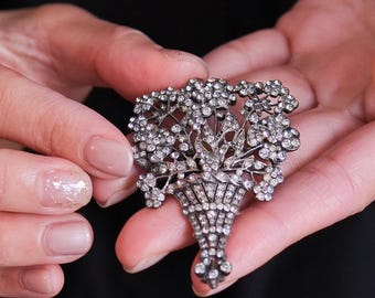 Antique French Belle Époque Pendant Brooch | Silver Paste Floral Basket Design | Dual-Wear Art Nouveau Jewellery | 1900s Statement