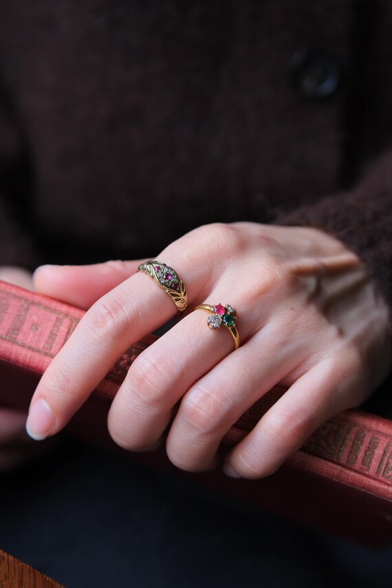 Antique Victorian Trilogy Ring | Ruby Emerald Dia… - image 7