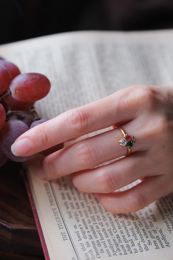Antique Victorian Trilogy Ring | Ruby Emerald Dia… - image 4