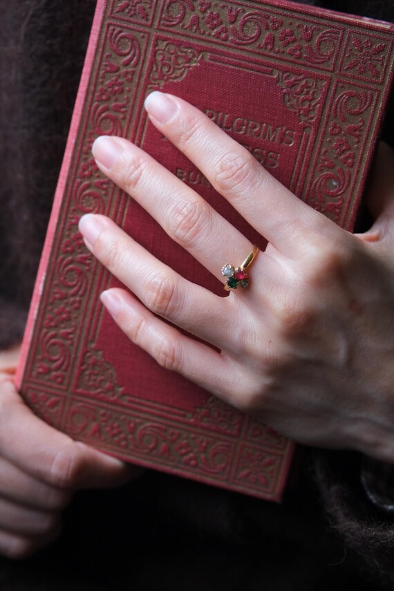 Antique Victorian Trilogy Ring | Ruby Emerald Dia… - image 3