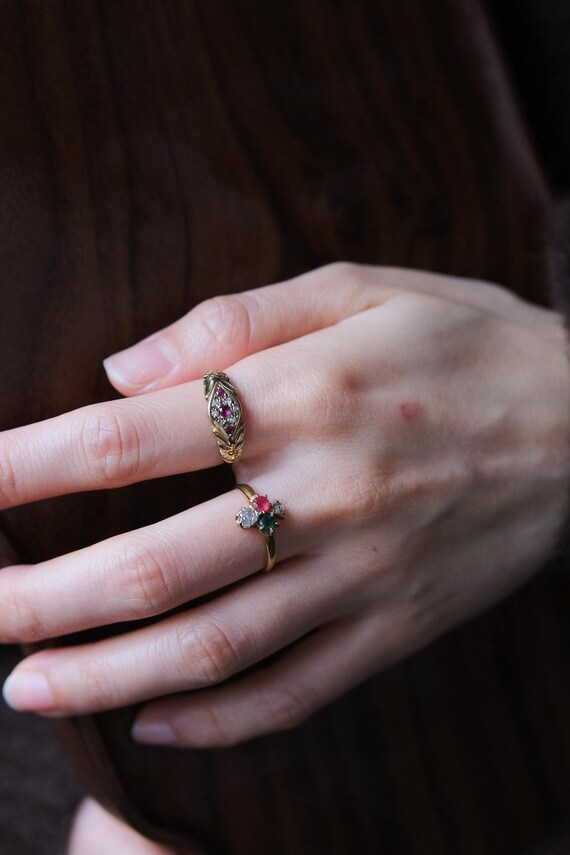 Antique Victorian Trilogy Ring | Ruby Emerald Dia… - image 6