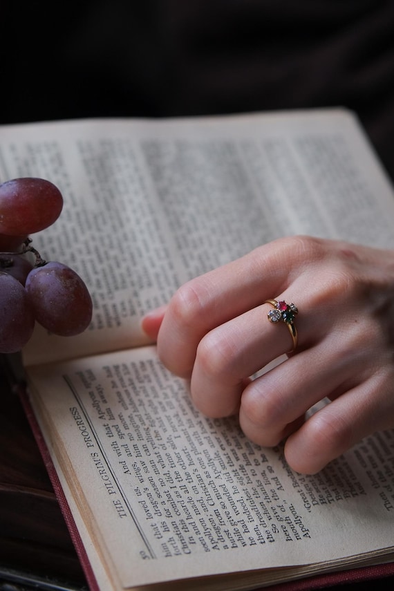 Antique Victorian Trilogy Ring | Ruby Emerald Dia… - image 5