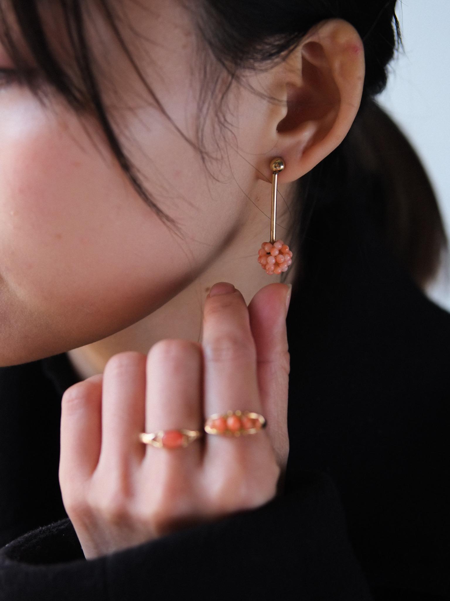 Vintage 9ct Gold Coral Earrings | Pink Baby Coral Dangle Drops | Victorian Style | Hallmarked UK | Romantic Statement Jewellery