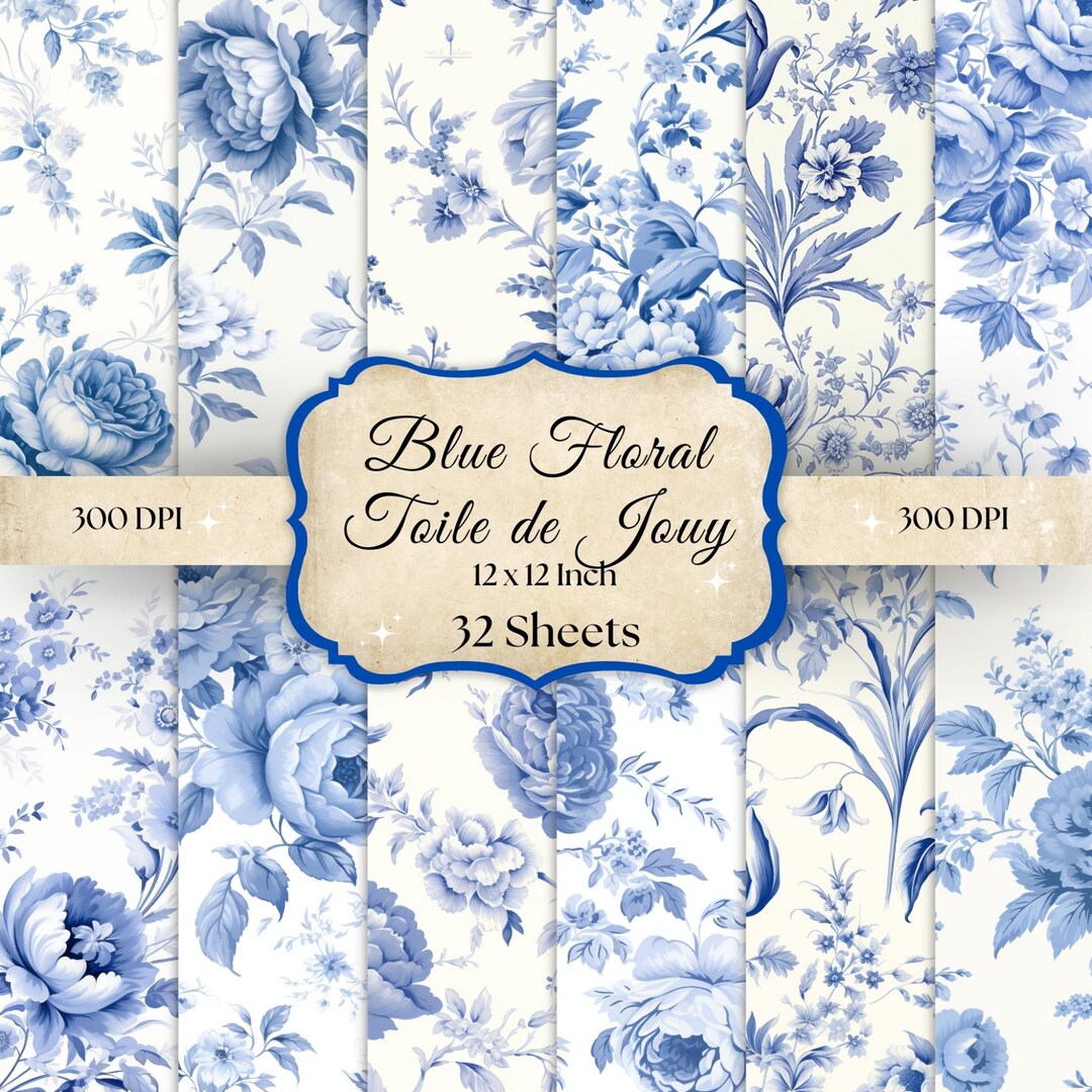 French Blue Toile De Jouy Digital Paper, Floral Chinoiserie (instant ...