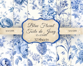 French Blue Toile de Jouy Digital Paper, Floral Chinoiserie (Instant Download)