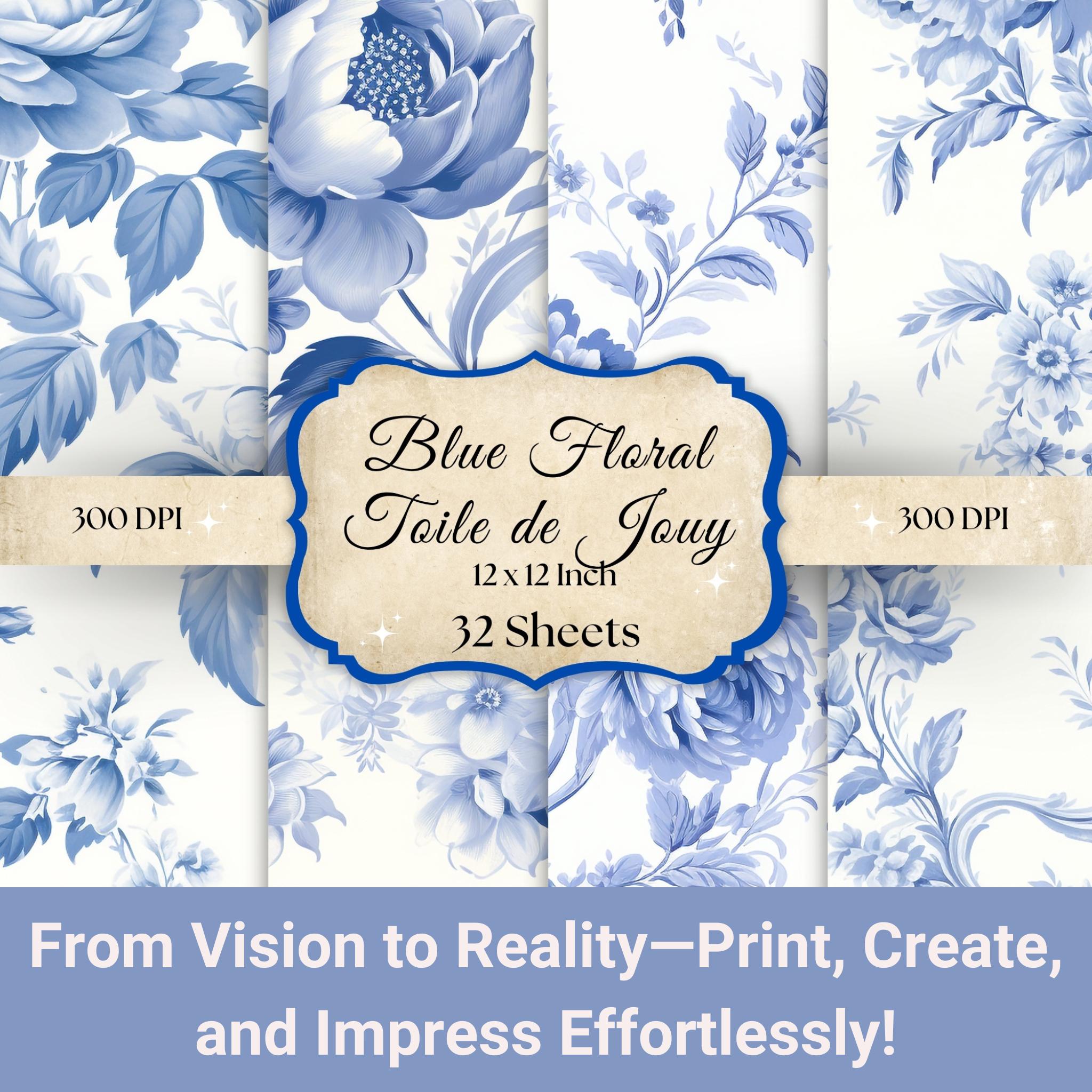 French Blue Floral Toile De Jouy Digital Paper, Seamless Patterns for ...