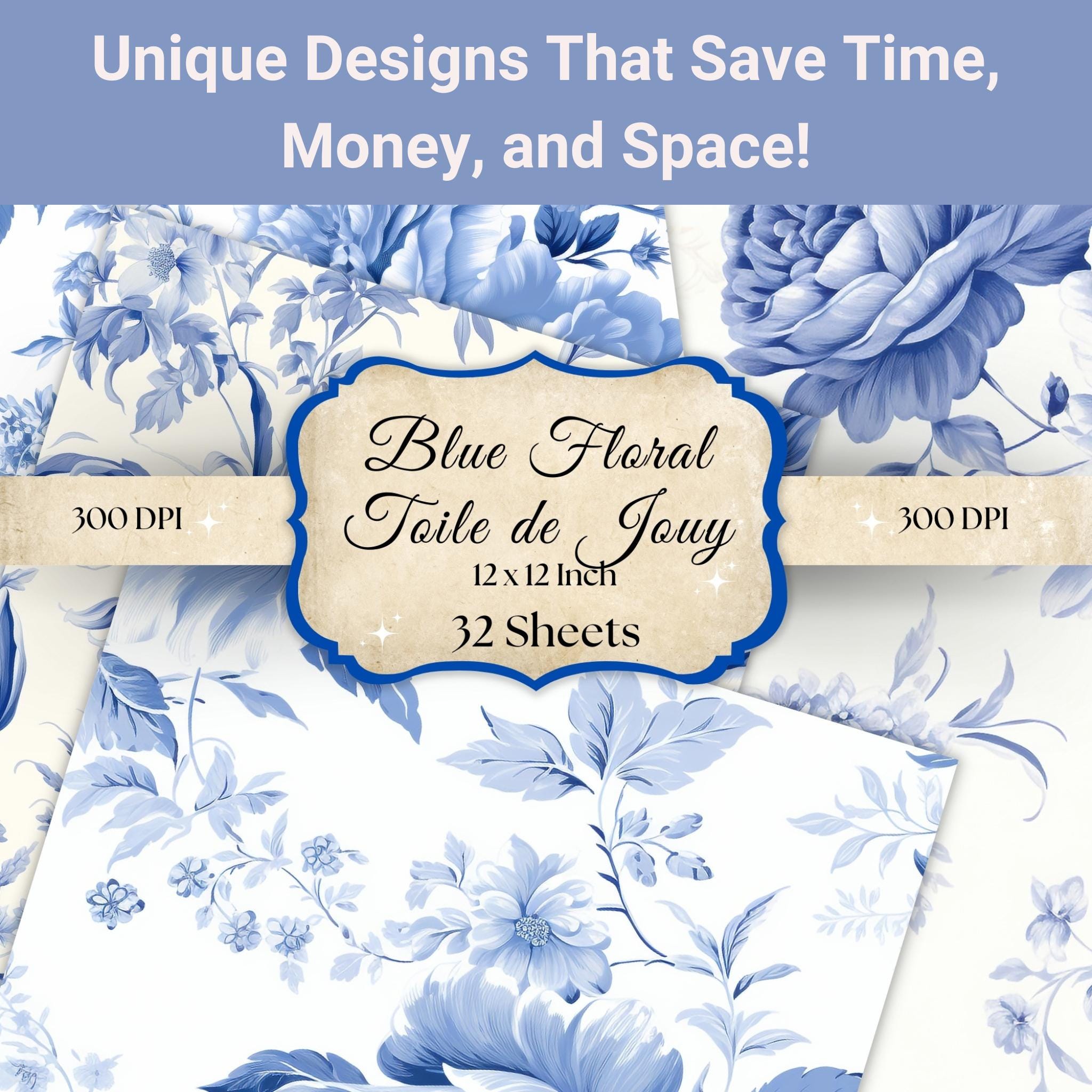 French Blue Floral Toile De Jouy Digital Paper, Seamless Patterns for ...