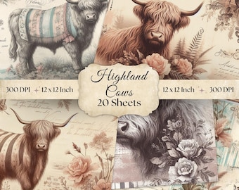 Charming Highland Cows Digital Papers, Junk Journal Cow Paper, Printable Scrapbooking Designs, Instant Download, 300 DPI