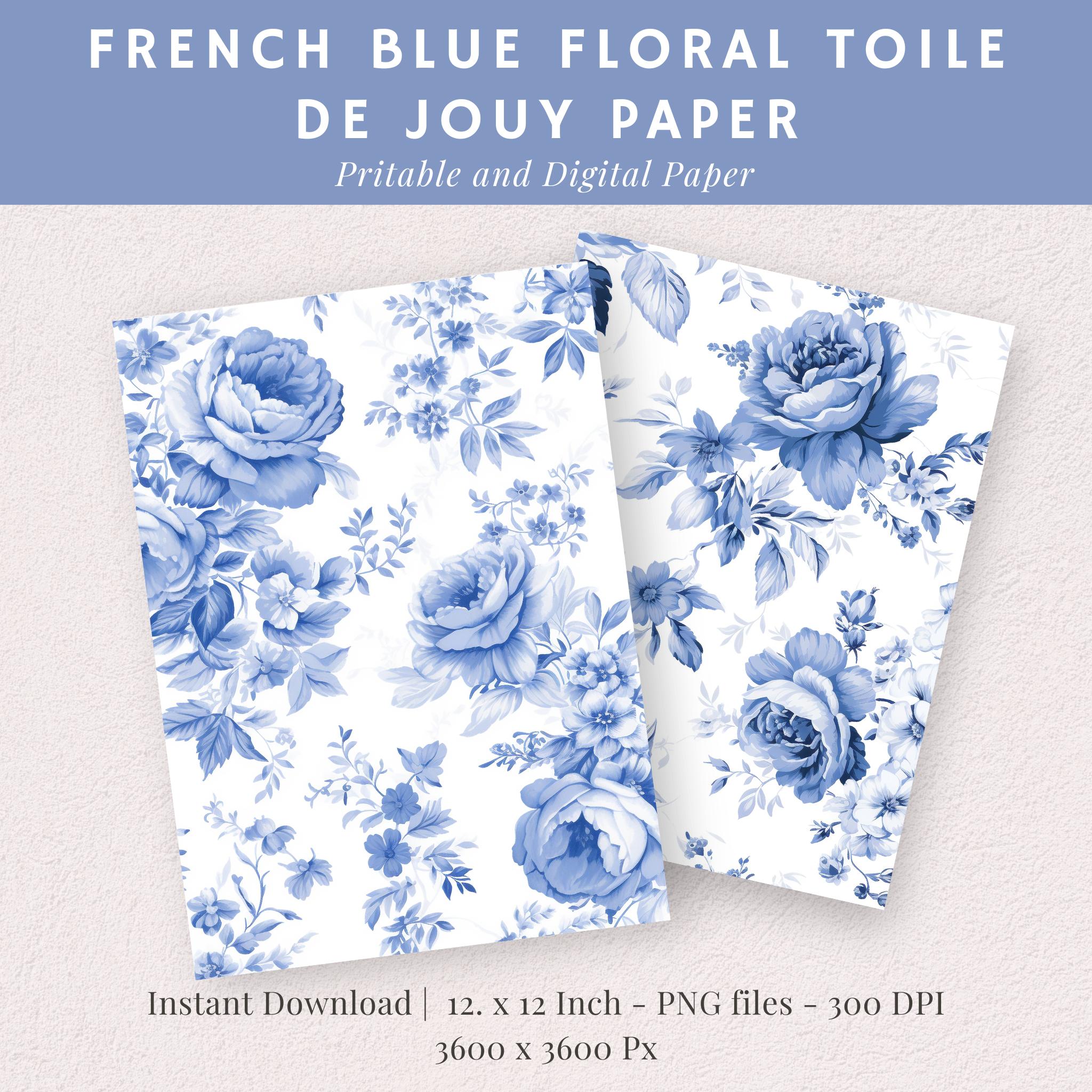 French Blue Floral Toile De Jouy Digital Paper, Seamless Patterns for ...