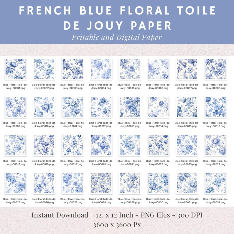 French Blue Toile De Jouy Digital Paper, Floral Chinoiserie (instant ...