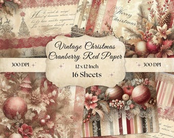 Vintage Christmas Damask Digital Paper, Cranberry Red (Digital Download)
