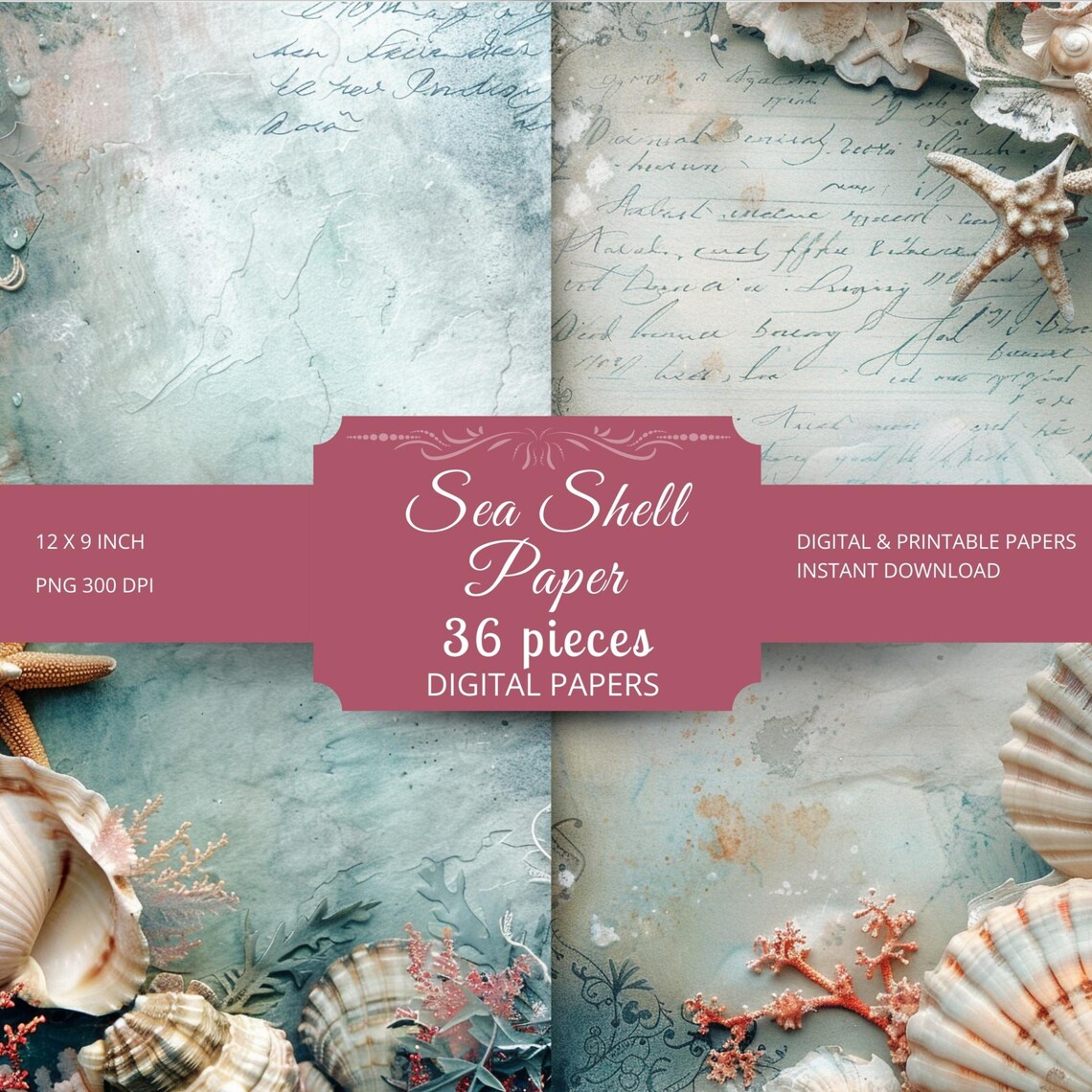 Shell Digital Paper Whimsical Sea Shell Digital Paper, Scrapbook & Journal Designs (PNG 300 ...