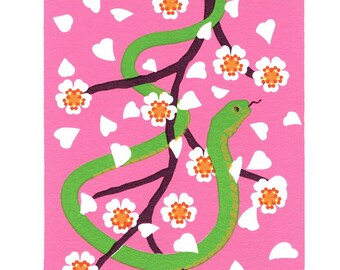 4 Color Spring Nature Scene 4x6  Screenprint Rough Green Snake and Cherry Blossom Signed and Numbered