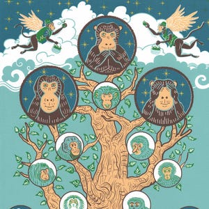 May include: A colorful print titled "Simian Tree" features a tree with monkey faces in circles. Two winged monkeys fly above, and a seated monkey is at the base. The artwork is signed by the artist, Ganet Izumi.