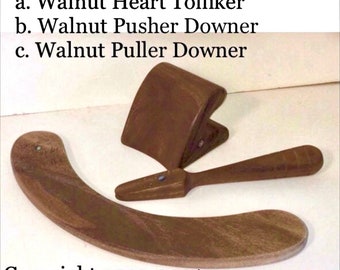 Built-To-Order, Hat Making Three (3) Piece Hand Tool Kit, Pusher (Runner) Downer, Heart Tolliker, Puller Downer, Dark Colored Wood