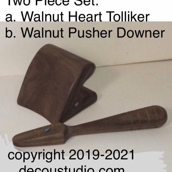 Built-To-Order, Hat Making Tools, (2) Piece Hand Tool Kit, Pusher (Runner) Downer and Heart Tolliker, American Walnut Wood