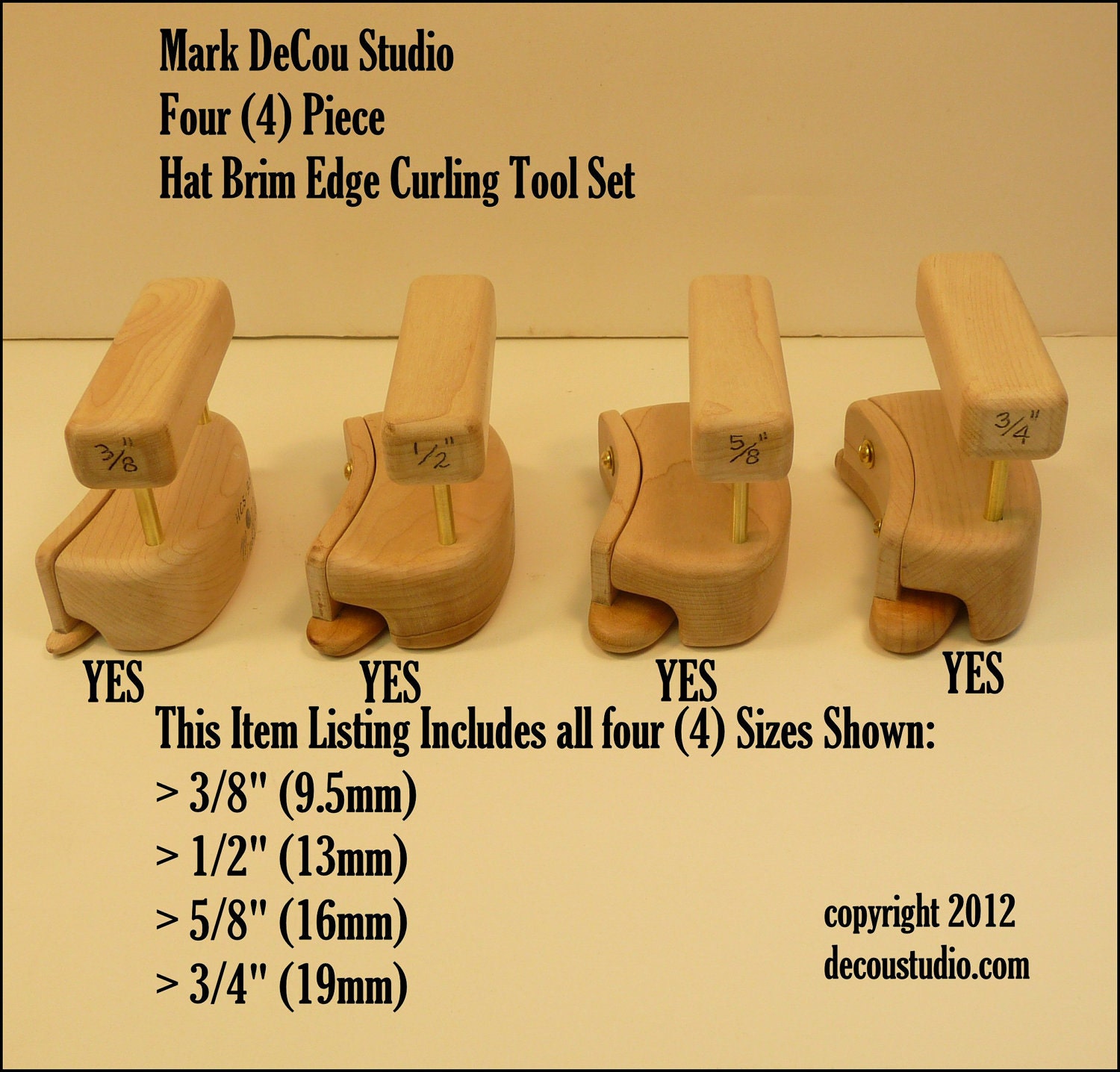 Built-to-Order, Hat Making Tool, Kettle Pencil Curl Brim, Four (4) piece SET, Half Circle Shackles, (Dia. 0.375", 0.50", 0.625", 0.75")