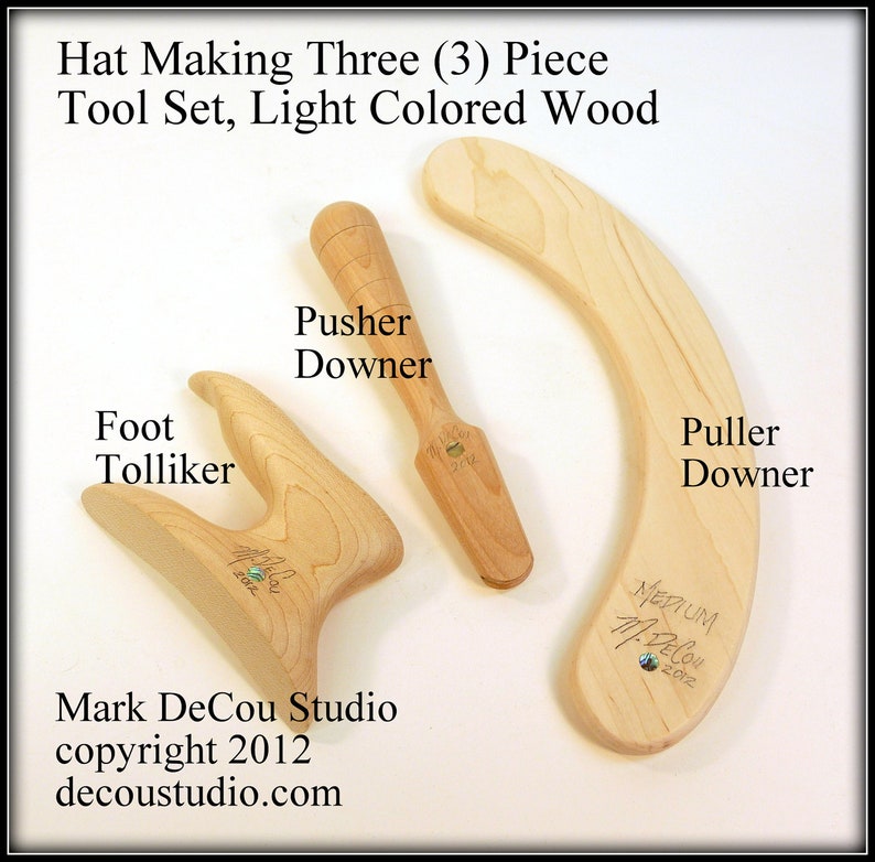 Built-To-Order, Hat Making Three 3 Piece Hand Tool Kit, Pusher Runner Downer, Foot Tolliker, Puller Downer, Light Colored Wood image 1