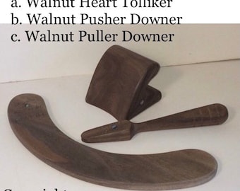 Built-To-Order, Hat Making Three (3) Piece Hand Tool Kit, Pusher (Runner) Downer, Heart Tolliker, Puller Downer, Dark Colored Wood