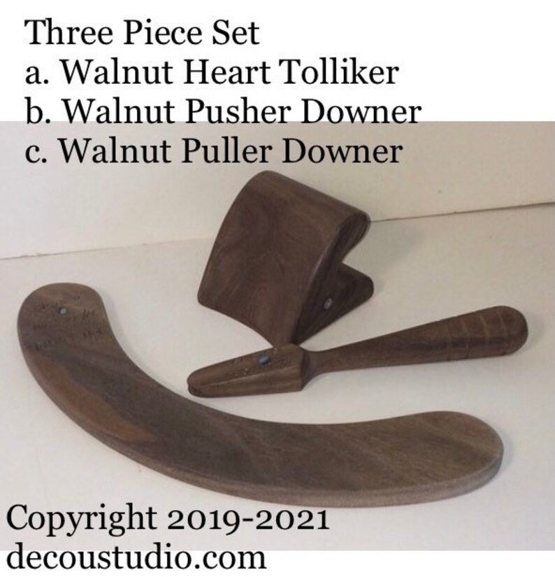 Built-To-Order, Hat Making Three 3 Piece Hand Tool Kit, Pusher Runner Downer, Heart Tolliker, Puller Downer, Dark Colored Wood image 1