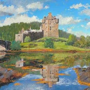 May include: A painting of a stone bridge over a calm body of water with a large castle on a hill in the background. The castle is reflected in the water. The sky is blue with white clouds.