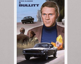 Steve McQueen: fan art di Bullitt. Poster del film dipinto digitalmente, stampa artistica in formato A3.