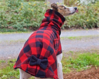 It's a Bow! Red Buffalo Check Fleece Greyhound Coat, size medium: Greyhound Coat/Fleece Greyhound Coat/Dog Coat/Greyhound Sweater