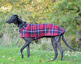 Greyhound Coat with Short Collar in Red Tartan Plaid Fleece, size medium or large: Greyhound Coat/Fleece Greyhound Coat/Red Greyhound Coat