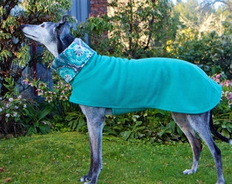 Fleece Greyhound Coat in Teal with Floral Print Lining, size Medium--Greyhound Coat/Fleece Greyhound Coat/ Snood Coat/Sighthound Coat