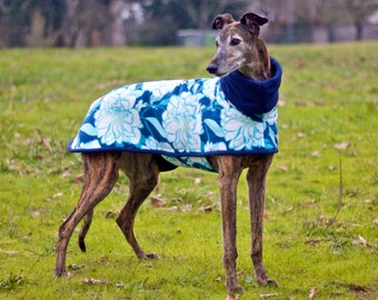 Blue & White Floral Fleece Greyhound Coat, size med. w/optional leash opening--Greyhound Coat/Greyhound Sweater/Greyhound Jacket