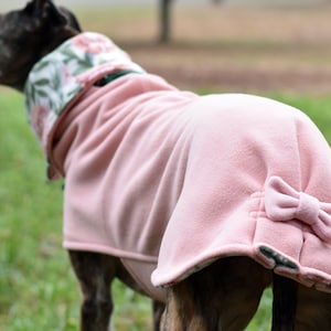 It's a Bow! Pink Fleece Greyhound Coat with Floral Lining, size medium: Greyhound Coat/Fleece Greyhound Coat/Dog Coat/Greyhound Sweater