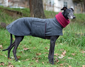 Fleece Greyhound Coat  in Heathered Gray Fleece with Burgundy Lining, size Med or Lrge: Greyhound Coat/Greyhound Jacket/ Snood Coat/Dog Coat