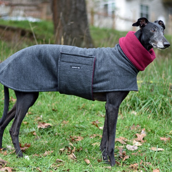 Fleece Greyhound Coat  in Heathered Gray Fleece with Burgundy Lining, size Med or Lrge: Greyhound Coat/Greyhound Jacket/ Snood Coat/Dog Coat