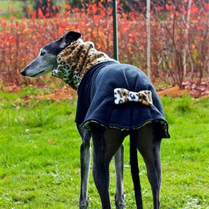It's a Bow! Fleece Greyhound Coat with Leopard Cowl, size medium: Fleece Dog Coat/Greyhound Coat/Fleece Greyhound Coat/Black Greyhound Coat