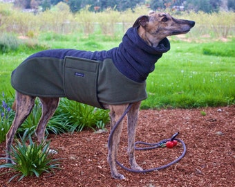 Two Tone Fleece Greyhound Coat in Green & Gray, size medium--Fleece Dog Coat/Greyhound Coat/Fleece Greyhound Coat/ Snood Coat