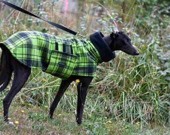 Lime Green & Black Plaid Greyhound Cowl Coat--Greyhound Coat/Fleece Greyhound Coat/ Snood Coat/Hound Coat