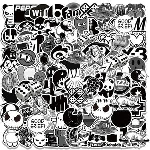 10/30/50/100 piezas de pegatinas con el logotipo de moda en blanco y negro para cuaderno, equipaje, coche, calcomanías estéticas geniales con dibujos animados, divertidas para regalo de niños