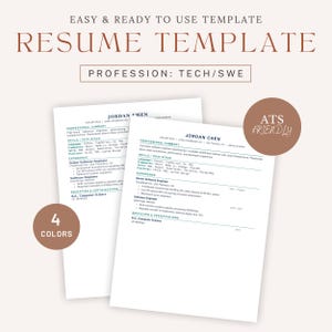 Op de afbeelding: Een digitaal cv-sjabloon voor professionals in technologie en software engineering. Het document bevat secties voor professionele samenvatting, vaardigheden, ervaring en opleiding. Twee ronde badges vermelden 4 COLORS en ATS FRIENDLY.