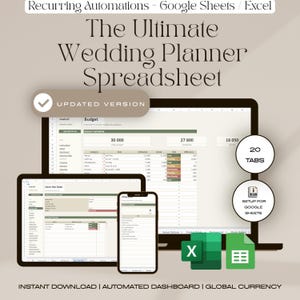 May include: A digital wedding planner spreadsheet for Google Sheets and Excel featuring an automated budget dashboard, checklist, and 20 tabs. The interface displays budget overview tables, venue options, and task lists with a clean, neutral color palette.