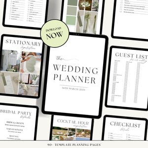May include: A digital wedding planner with 90 pages of templates. The cover features a green and white color scheme with the text "the wedding planner" and "14th March 2025".
