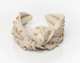 Elegant Linen Knot Headband with Gold Crystals & Pearls – Chic Summer Accessory