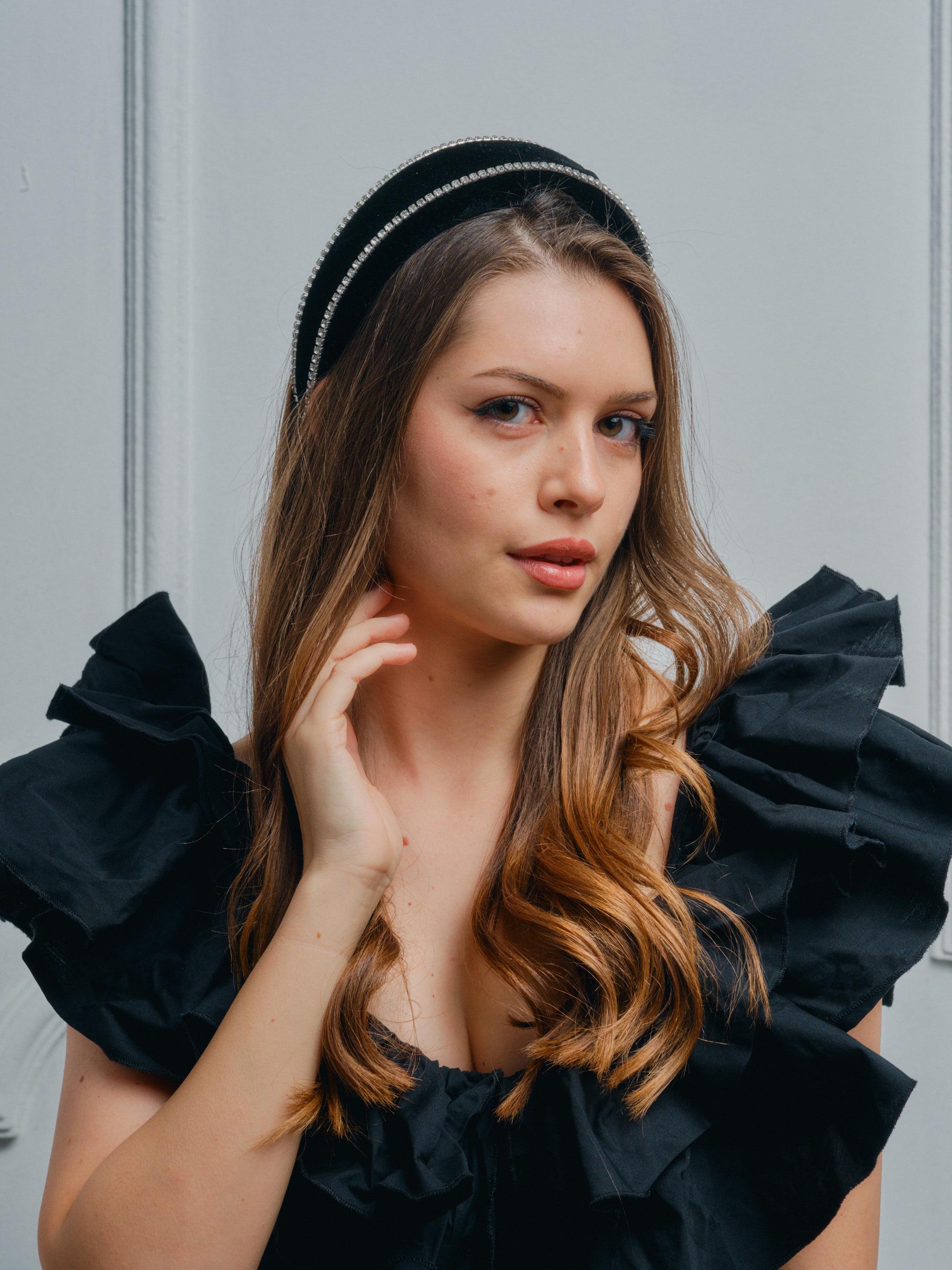 EMERALD GREEN JEWELED BLACK VELEVET HEADBAND Emerald Green Velvet Crystal Padded Headband – A Statement  main image 4