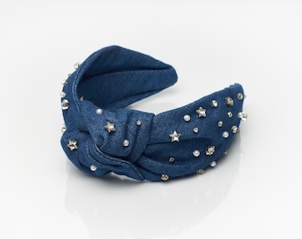 Jewelled Denim Knot Headband with Crystals, Pearls & Stars, Embellished Summer Knotted Band, Game Day Headband