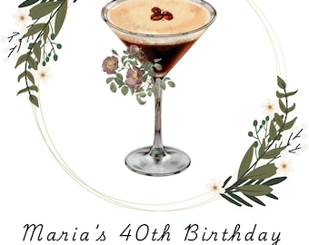 Espresso Martini Digitale Einladung, begleiten Sie uns zu einer Feier, einem Geburtstag, einem Jubiläum, einer Abschlussfeier einladen, mit viel Grün und Blumen!
