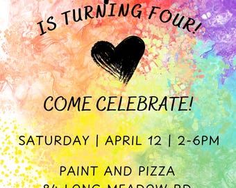 Bunter Regenbogen-Einladung mit Herzen, Digital Paint Party einladen, Kindergeburtstagfeier, anpassbare Vorlage